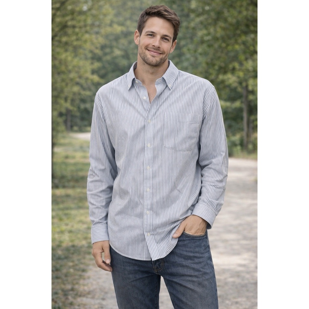 L.L.Bean Wrinkle Resistant Dress Shirt Blue White Striped 18-36 Long Sleeve
